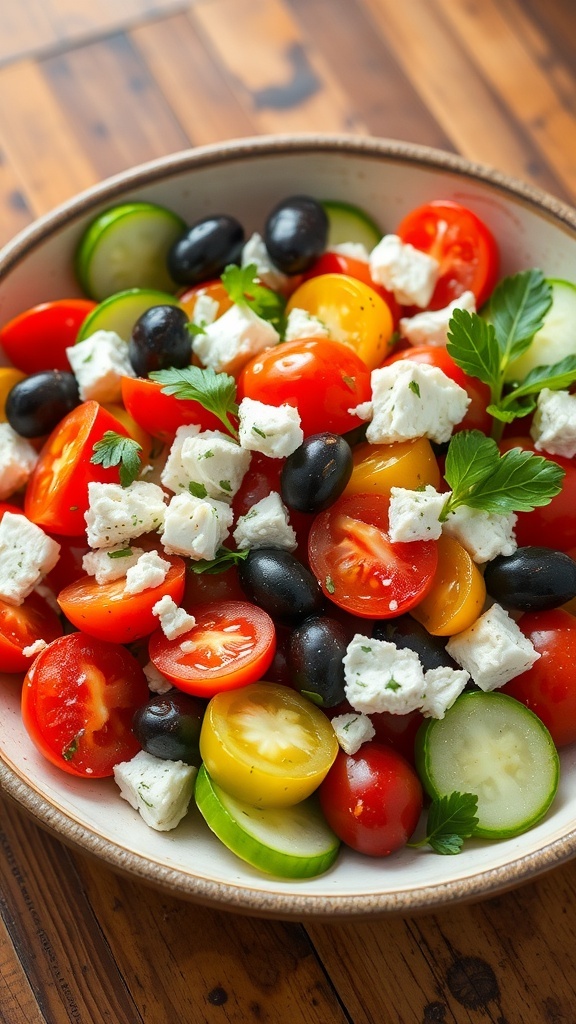 A vibrant Mediterranean salad with tomatoes, cucumbers, feta cheese, and olives in a rustic bowl.